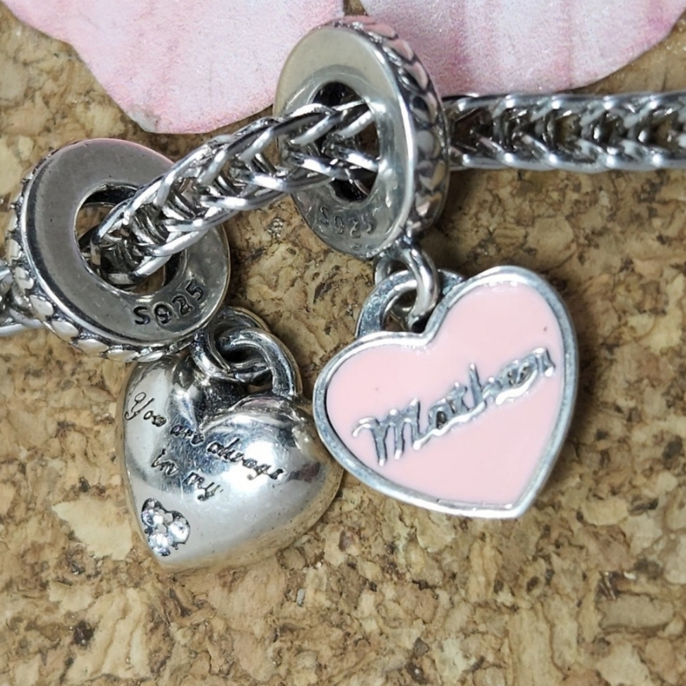S925 Sterling Silver 2 pc Mother Daughter Pink Heart Charm Pendant